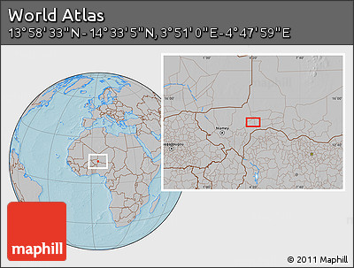 Gray Location Map of the Area around 14° 15' 49" N, 4° 19' 30" E, hill shading