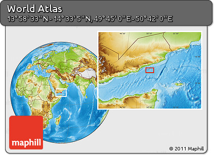 Physical Location Map of the Area around 14° 15' 49" N, 50° 13' 30" E