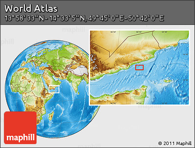 Physical Location Map of the Area around 14° 15' 49" N, 50° 13' 30" E