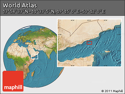 Satellite Location Map of the Area around 14° 15' 49" N, 50° 13' 30" E