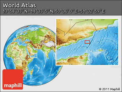 Physical Location Map of the Area around 14° 15' 49" N, 51° 4' 30" E