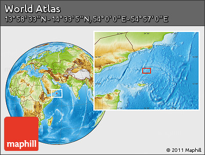 Physical Location Map of the Area around 14° 15' 49" N, 54° 28' 30" E