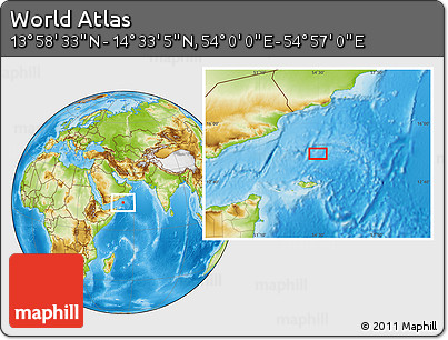 Physical Location Map of the Area around 14° 15' 49" N, 54° 28' 30" E