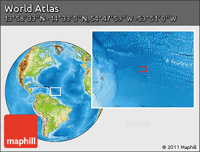Physical Location Map of the Area around 14° 15' 49" N, 54° 19' 30" W