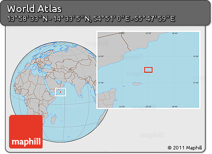 Gray Location Map of the Area around 14° 15' 49" N, 55° 19' 30" E