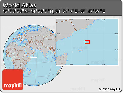 Gray Location Map of the Area around 14° 15' 49" N, 55° 19' 30" E