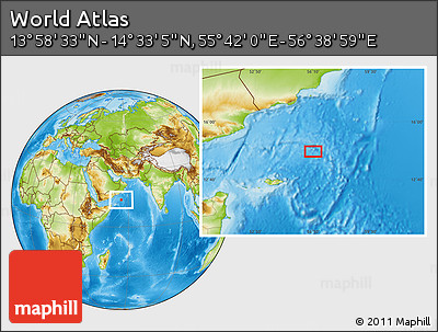 Physical Location Map of the Area around 14° 15' 49" N, 56° 10' 29" E