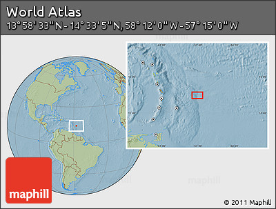 Savanna Style Location Map of the Area around 14° 15' 49" N, 57° 43' 30" W, hill shading