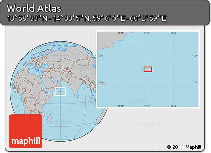Gray Location Map of the Area around 14° 15' 49" N, 59° 34' 30" E