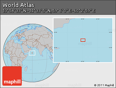 Gray Location Map of the Area around 14° 15' 49" N, 59° 34' 30" E