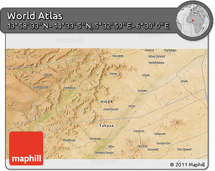 Satellite 3D Map of the Area around 14° 15' 49" N, 6° 1' 30" E