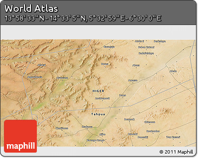 Satellite 3D Map of the Area around 14° 15' 49" N, 6° 1' 30" E