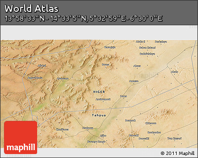 Satellite 3D Map of the Area around 14° 15' 49" N, 6° 1' 30" E