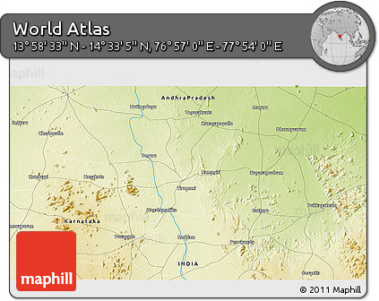 Physical 3D Map of the Area around 14° 15' 49" N, 77° 25' 30" E