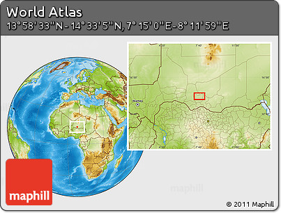 Physical Location Map of the Area around 14° 15' 49" N, 7° 43' 29" E