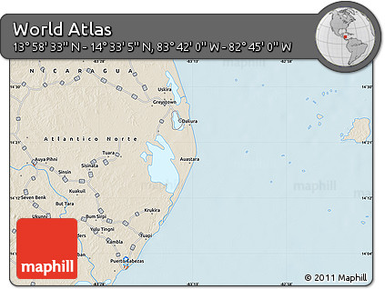 Shaded Relief Map of the Area around 14° 15' 49" N, 83° 13' 29" W