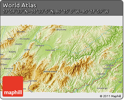 Physical 3D Map of the Area around 14° 15' 49" N, 85° 46' 30" W