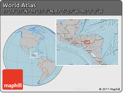 Gray Location Map of the Area around 14° 15' 49" N, 86° 37' 30" W, hill shading