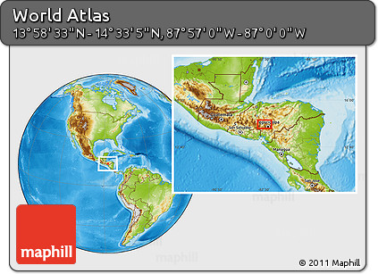 Physical Location Map of the Area around 14° 15' 49" N, 87° 28' 29" W