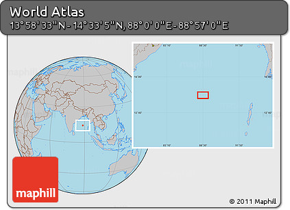 Gray Location Map of the Area around 14° 15' 49" N, 88° 28' 29" E