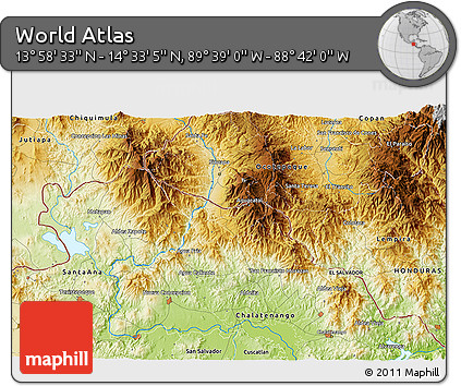 Physical 3D Map of the Area around 14° 15' 49" N, 89° 10' 30" W
