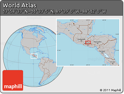 Gray Location Map of the Area around 14° 15' 49" N, 89° 10' 30" W