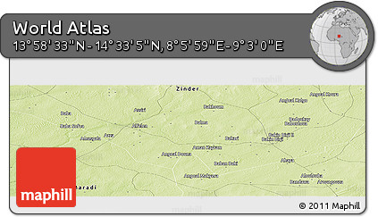 Physical Panoramic Map of the Area around 14° 15' 49" N, 8° 34' 29" E