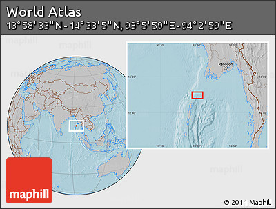 Gray Location Map of the Area around 14° 15' 49" N, 93° 34' 29" E, hill shading