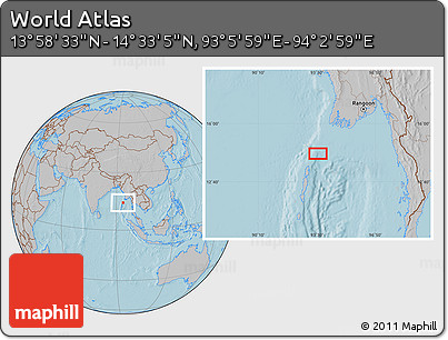 Gray Location Map of the Area around 14° 15' 49" N, 93° 34' 29" E, hill shading