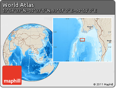 Shaded Relief Location Map of the Area around 14° 15' 49" N, 94° 25' 30" E