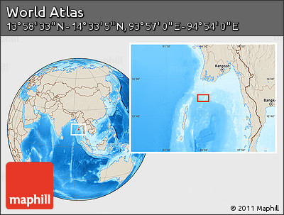 Shaded Relief Location Map of the Area around 14° 15' 49" N, 94° 25' 30" E