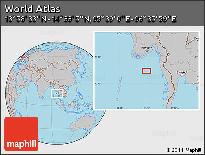 Gray Location Map of the Area around 14° 15' 49" N, 96° 7' 30" E