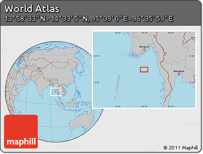 Gray Location Map of the Area around 14° 15' 49" N, 96° 7' 30" E