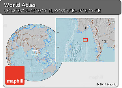 Gray Location Map of the Area around 14° 15' 49" N, 96° 7' 30" E, hill shading