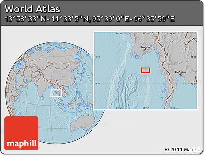 Gray Location Map of the Area around 14° 15' 49" N, 96° 7' 30" E, hill shading