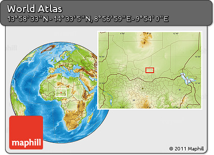 Physical Location Map of the Area around 14° 15' 49" N, 9° 25' 30" E
