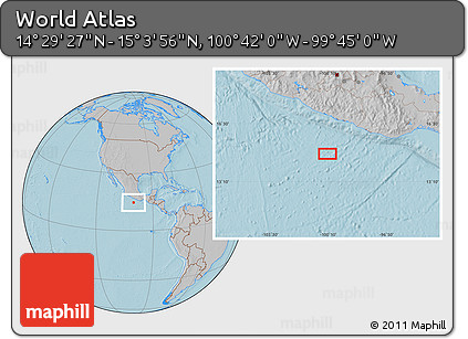 Gray Location Map of the Area around 14° 46' 42" N, 100° 13' 29" W, hill shading
