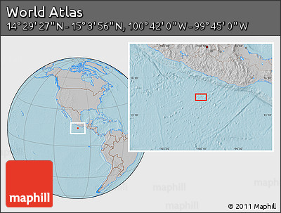 Gray Location Map of the Area around 14° 46' 42" N, 100° 13' 29" W, hill shading