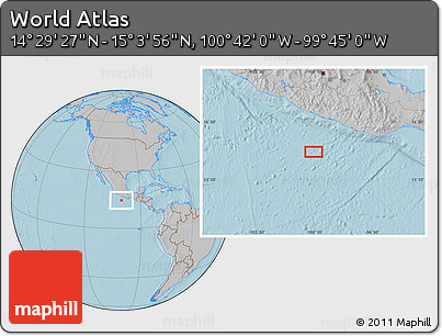 Gray Location Map of the Area around 14° 46' 42" N, 100° 13' 29" W, hill shading