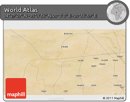 Satellite 3D Map of the Area around 14° 46' 42" N, 20° 28' 30" E