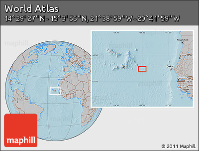 Gray Location Map of the Area around 14° 46' 42" N, 21° 10' 29" W, hill shading