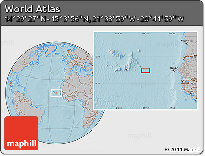 Gray Location Map of the Area around 14° 46' 42" N, 21° 10' 29" W, hill shading