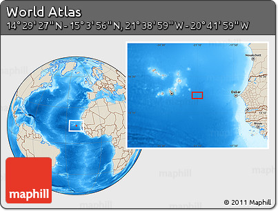 Shaded Relief Location Map of the Area around 14° 46' 42" N, 21° 10' 29" W