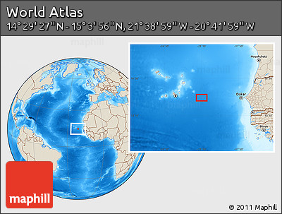 Shaded Relief Location Map of the Area around 14° 46' 42" N, 21° 10' 29" W