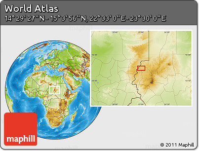 Physical Location Map of the Area around 14° 46' 42" N, 23° 1' 29" E