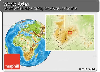 Physical Location Map of the Area around 14° 46' 42" N, 25° 34' 30" E
