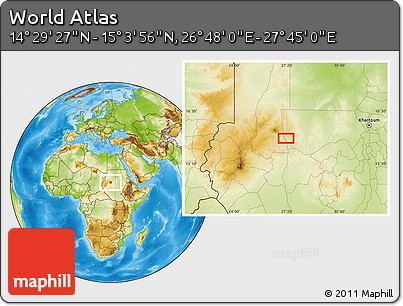 Physical Location Map of the Area around 14° 46' 42" N, 27° 16' 29" E