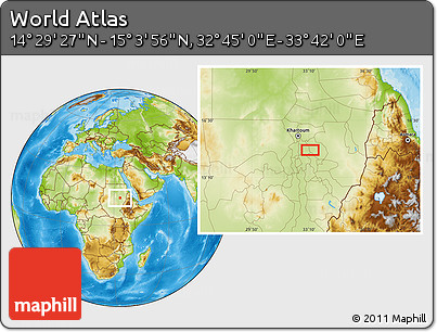 Physical Location Map of the Area around 14° 46' 42" N, 33° 13' 30" E