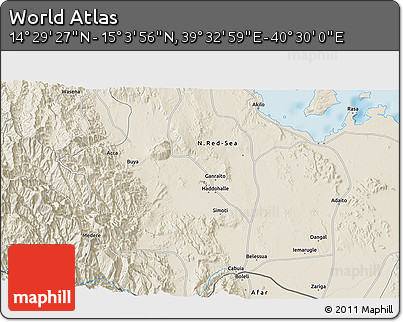 Shaded Relief 3D Map of the Area around 14° 46' 42" N, 40° 1' 29" E
