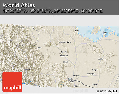Shaded Relief 3D Map of the Area around 14° 46' 42" N, 40° 1' 29" E